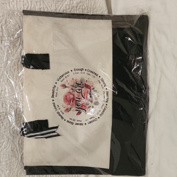 New! Canvas tote large bag with scripture religious Christian flower white black - Picture 7 of 7